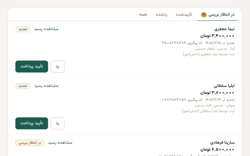رسیدهای پرداختی که دانش‌آموزان فرستاده‌اند، هر کدام با دکمه تأیید پرداخت و رد